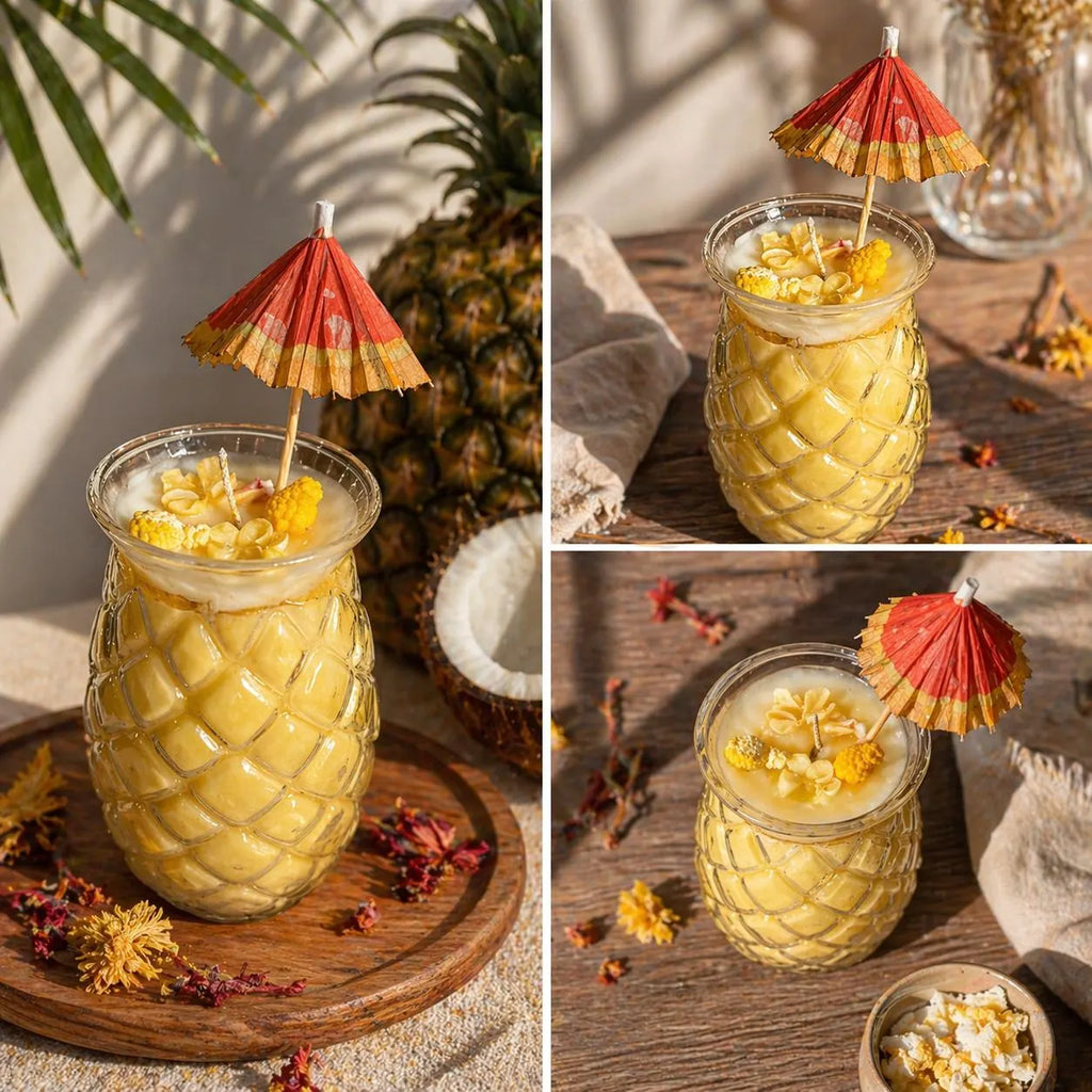 Piña Colada Kerze im Ananas Glas | Cocktail Kerze mit Schirm | Sommer Duftkerze | Kokos Ananas | Geschenk Idee | Tropical Deko