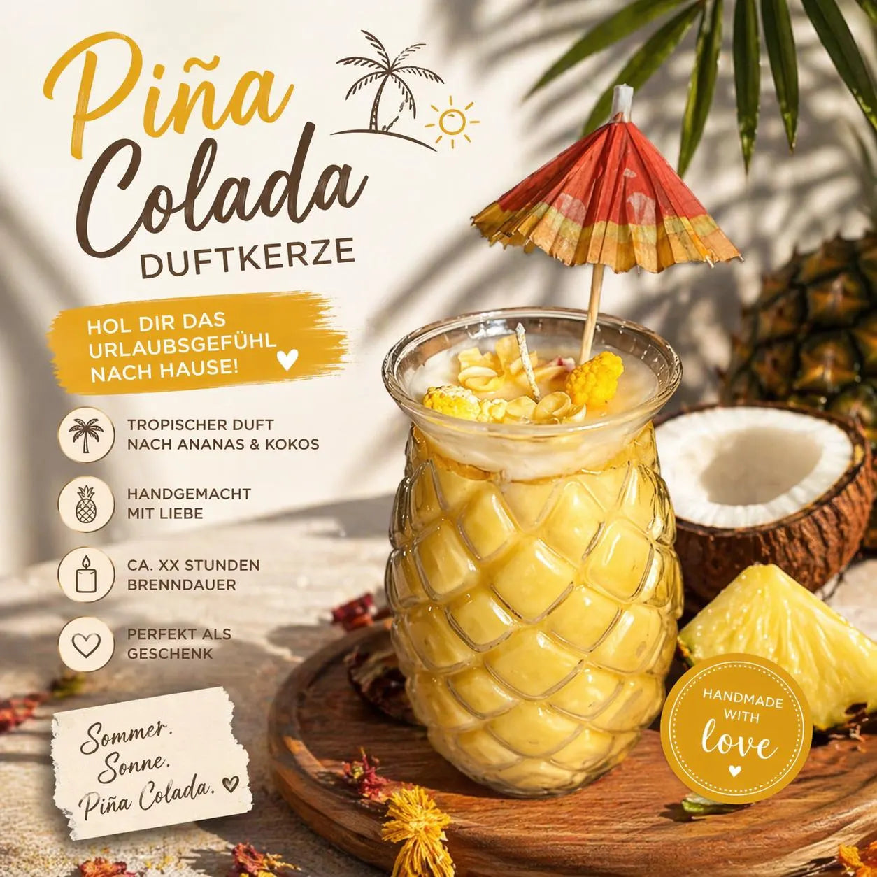 Piña Colada Kerze im Ananas Glas | Cocktail Kerze mit Schirm | Sommer Duftkerze | Kokos Ananas | Geschenk Idee | Tropical Deko