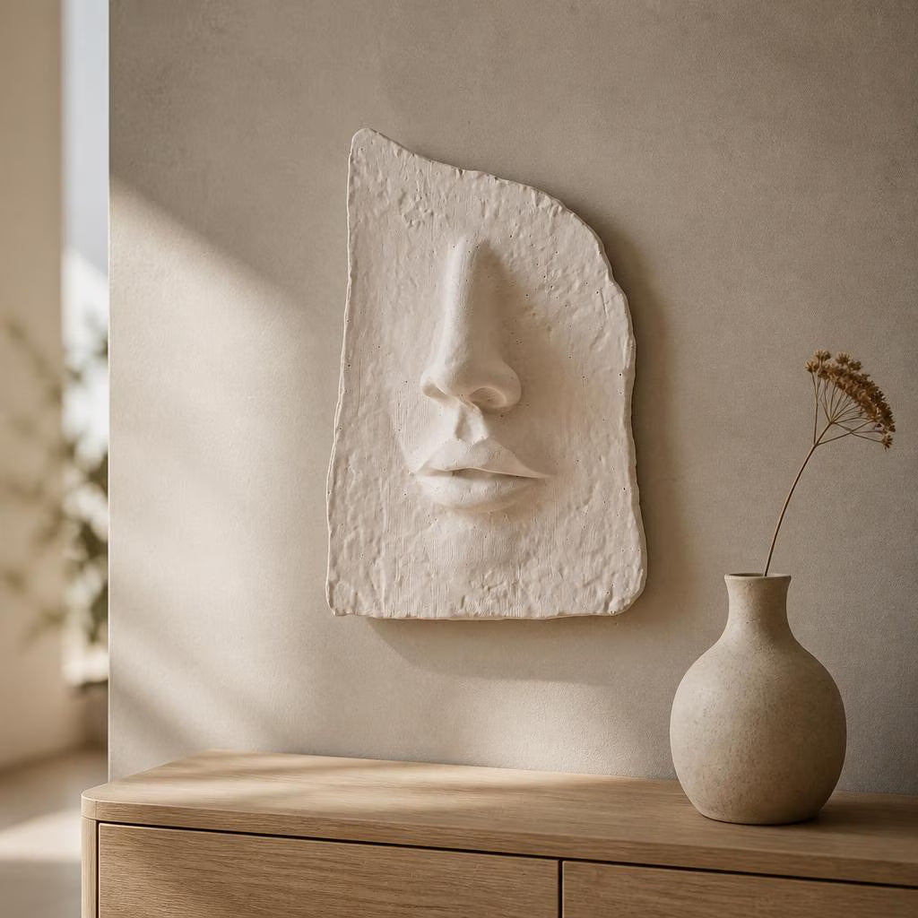 Abstrakte Gesichts-Skulptur aus Gips | Moderne Wandkunst & Dekoobjekt im Minimal Style | Handgefertigte Relief-Skulptur