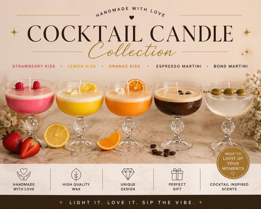 Cocktail Candle – Strawberry Kiss, Lemon Kiss, Espresso Martini, Orange Kiss, Bond Martini – Handgemachte Duftkerzen in Sektschalen