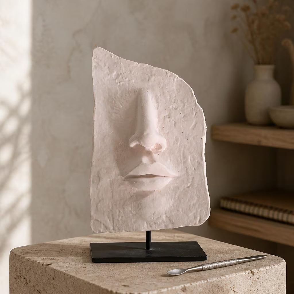 Abstrakte Gesichts-Skulptur aus Gips | Moderne Wandkunst & Dekoobjekt im Minimal Style | Handgefertigte Relief-Skulptur