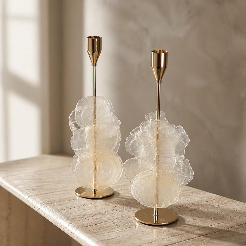 Kerzenhalter mit Muschelblättern & Goldfuß | Elegante Muschel-Deko | Coastal Glam | 3 Größen erhältlich