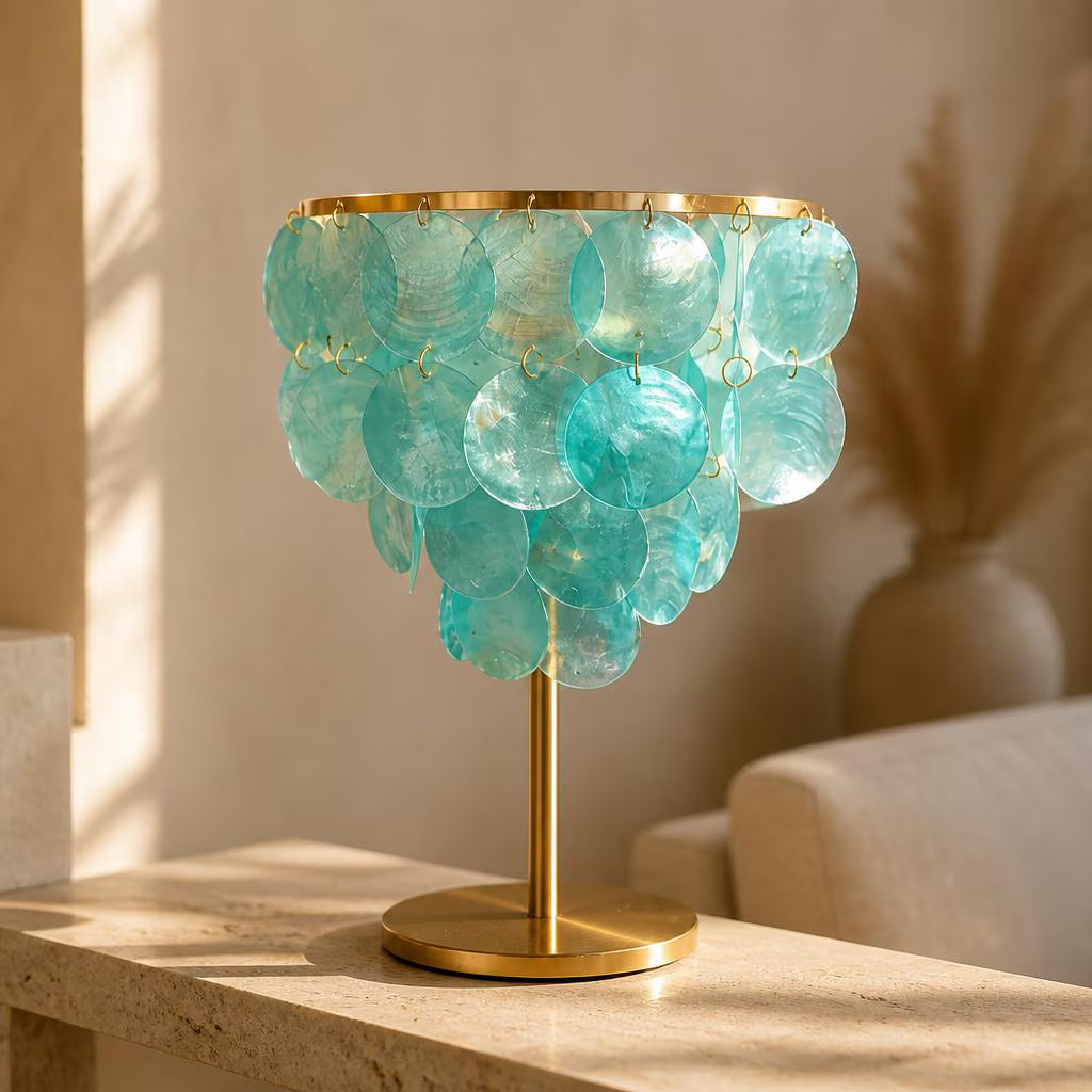 Handgefertigte Capiz Muschellampe Türkis Gold | Designer Tischlampe | Unikat