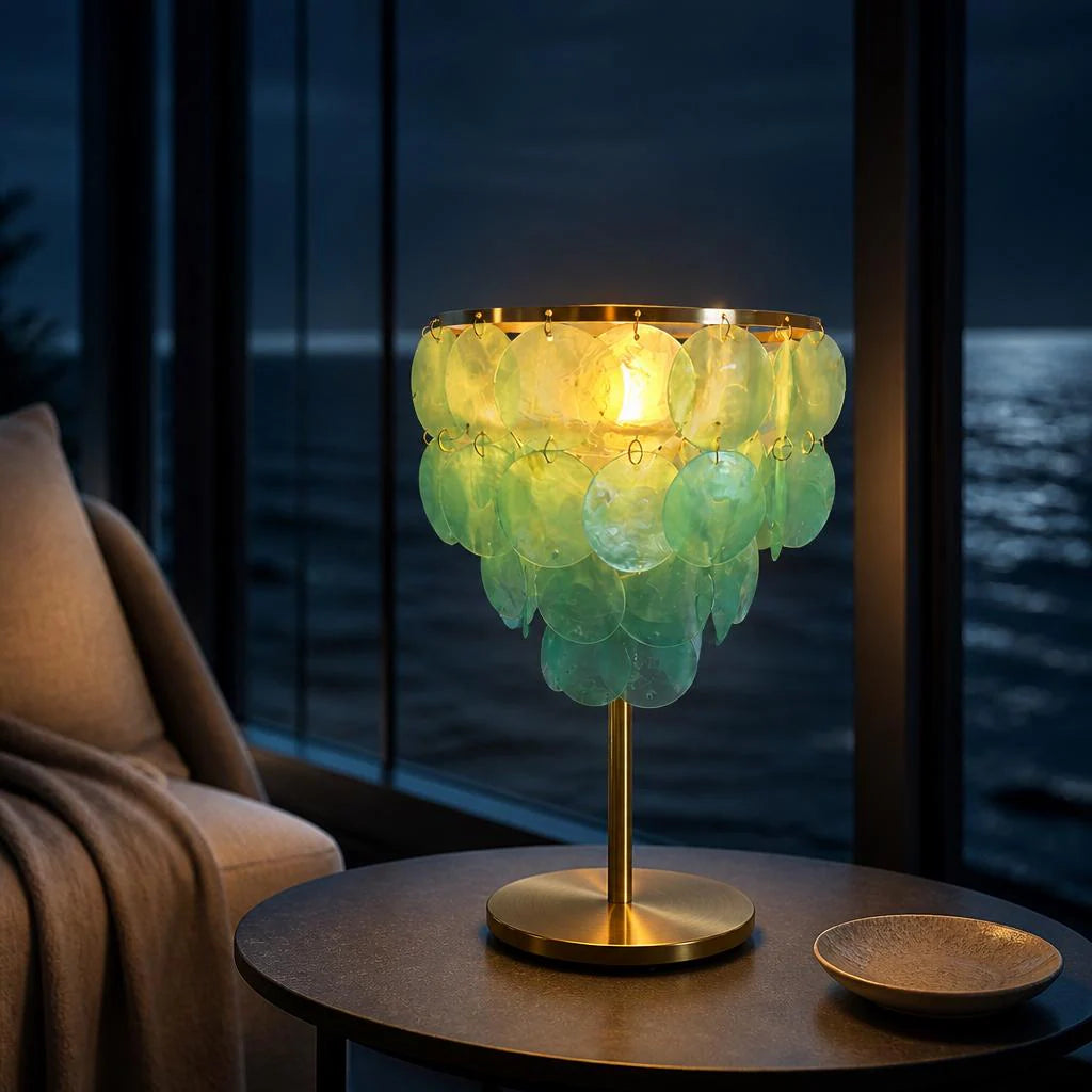 Handgefertigte Capiz Muschellampe Türkis Gold | Designer Tischlampe | Unikat